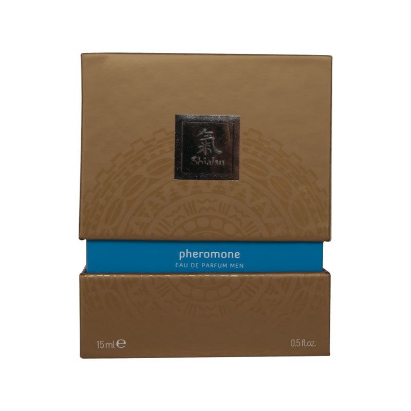 Shiatsu Pheromone Eau De Parfum Men - Light - Pheromone Fragrance for Men - 15 ml packaging, brown box with blue label.