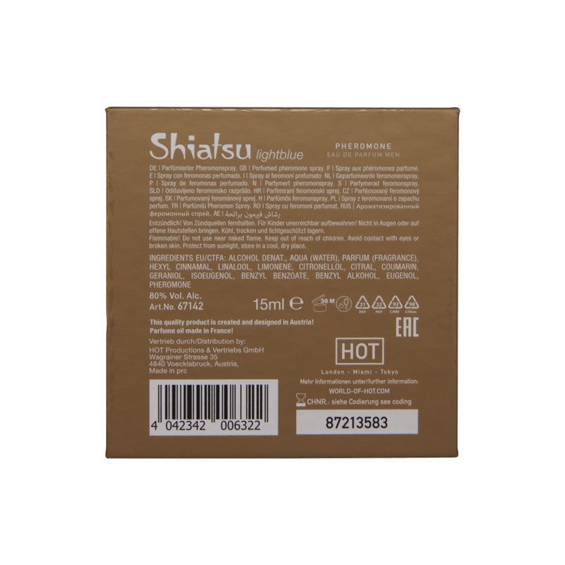 Shiatsu Pheromone Eau De Parfum Men - Light  - Pheromone Fragrance for Men - 15 ml product box with ingredients and details.