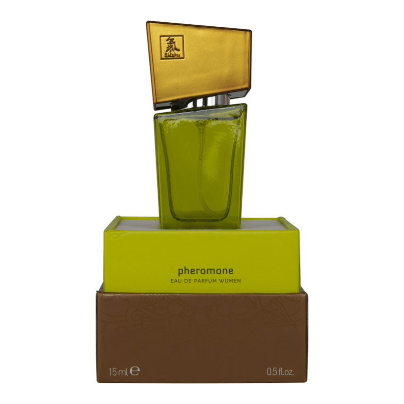 Shiatsu Pheromone Eau De Parfum Women - Lime - Pheromone Fragrance for Women - 15 ml bottle on display.