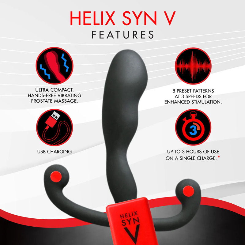 Aneros Helix Syn V -  USB Rechargeable Vibrating Prostate Massager features ultra-compact design, 8 patterns, USB charging.