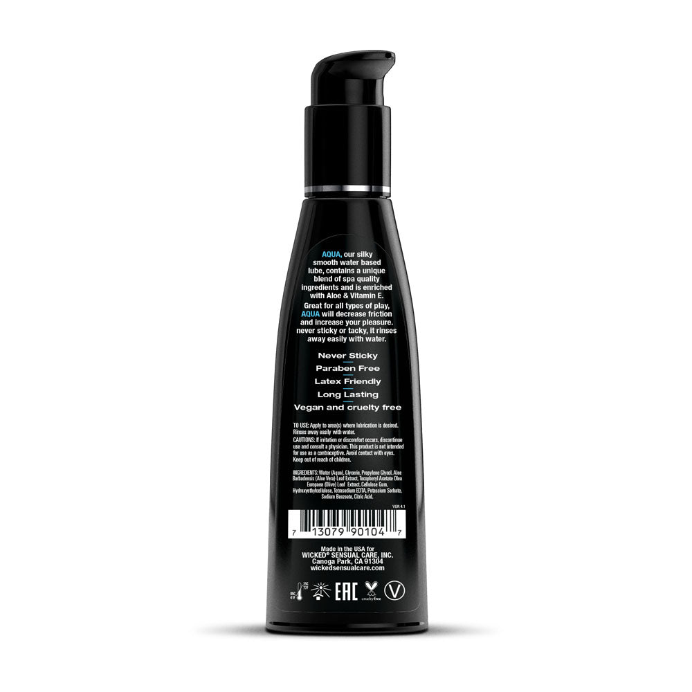 Wicked Aqua - Water Based Lubricant - 120 ml (4 oz) Bottle back label showing ingredients and features.