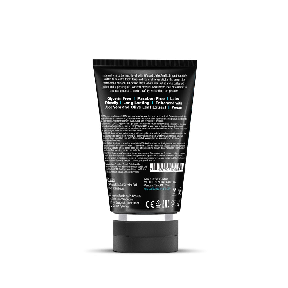 Wicked Jelle - Water Based Anal Lubricant - 120 ml (4 oz) Bottle back label showing ingredients and features