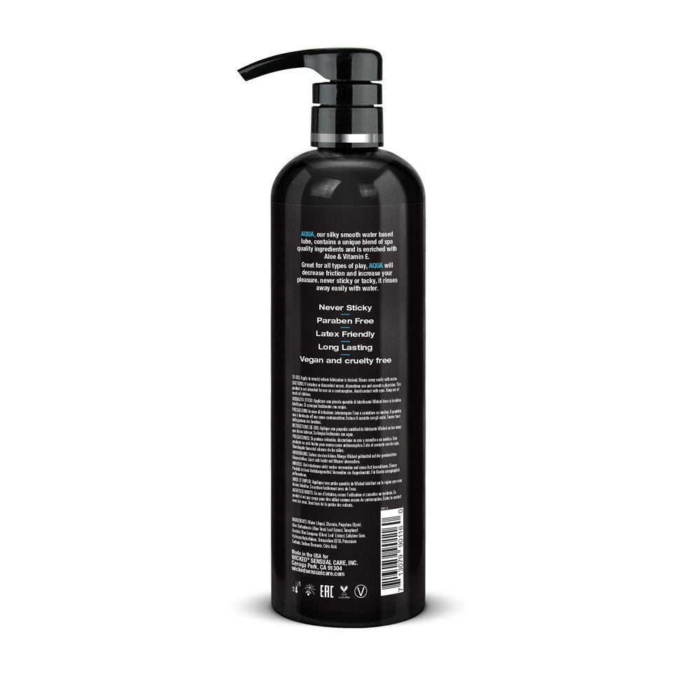 Wicked Aqua - Water Based Lubricant - 476 ml (16 oz) Bottle back label showing product details and ingredients.