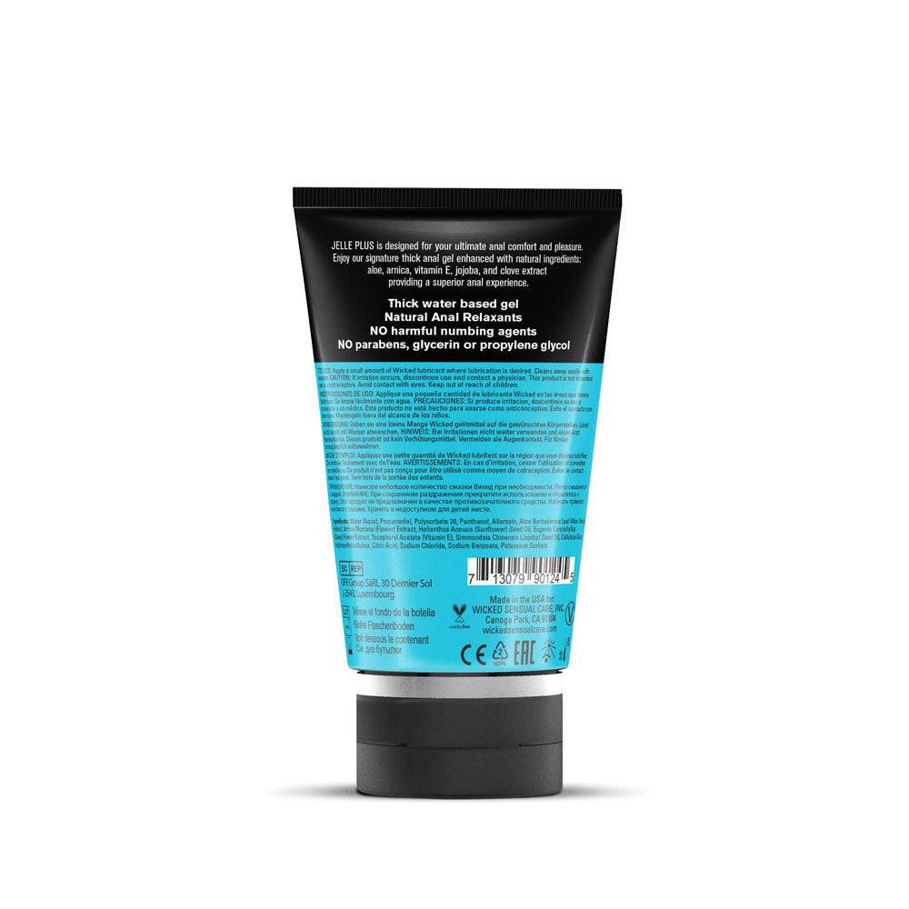 Wicked Jelle Plus - Relaxing Water Based Anal Lubricant - 120 ml Bottle - back label showcasing product details.