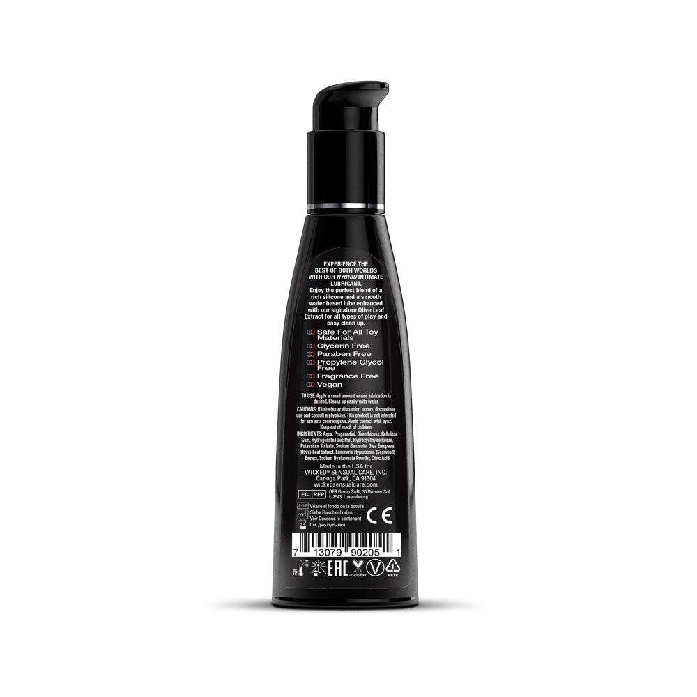 Wicked Hybrid - Water & Silicone Blended Lubricant - 120 ml Bottle, featuring ingredients and safety information on the back label