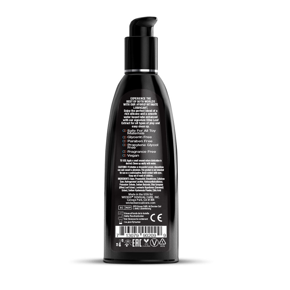 Wicked Hybrid - Water & Silicone Blended Lubricant - 240 ml Bottle back label with usage instructions and ingredients.