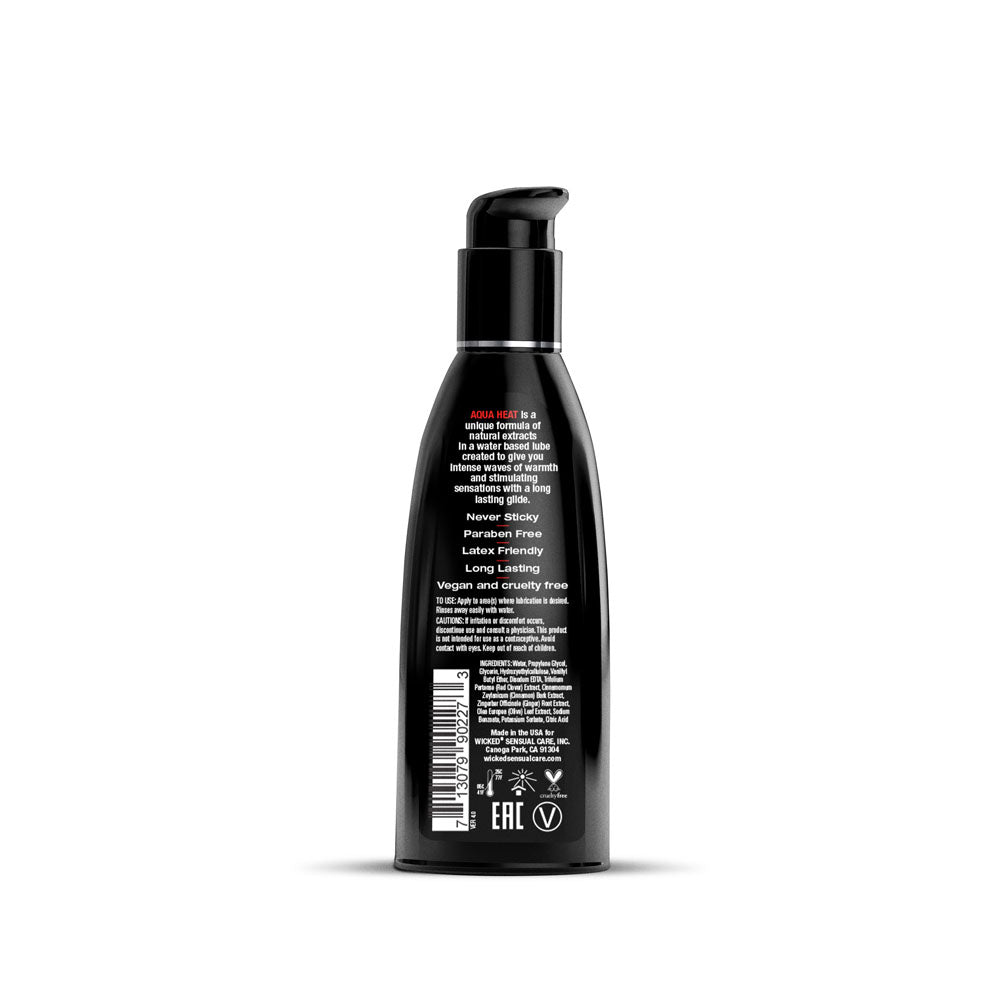 Wicked Aqua Heat - Warming Water Based Lubricant - 60 ml (2 oz) Bottle back label showcasing ingredients and features.