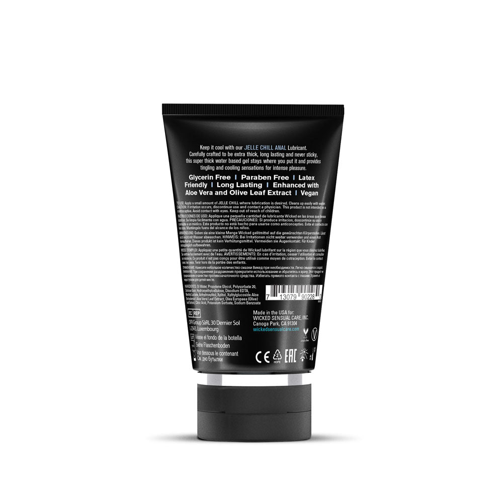 Wicked Jelle Chill - Cooling Water Based Anal Lubricant - 120 ml (4 oz) Bottle back view with detailed ingredients and benefits