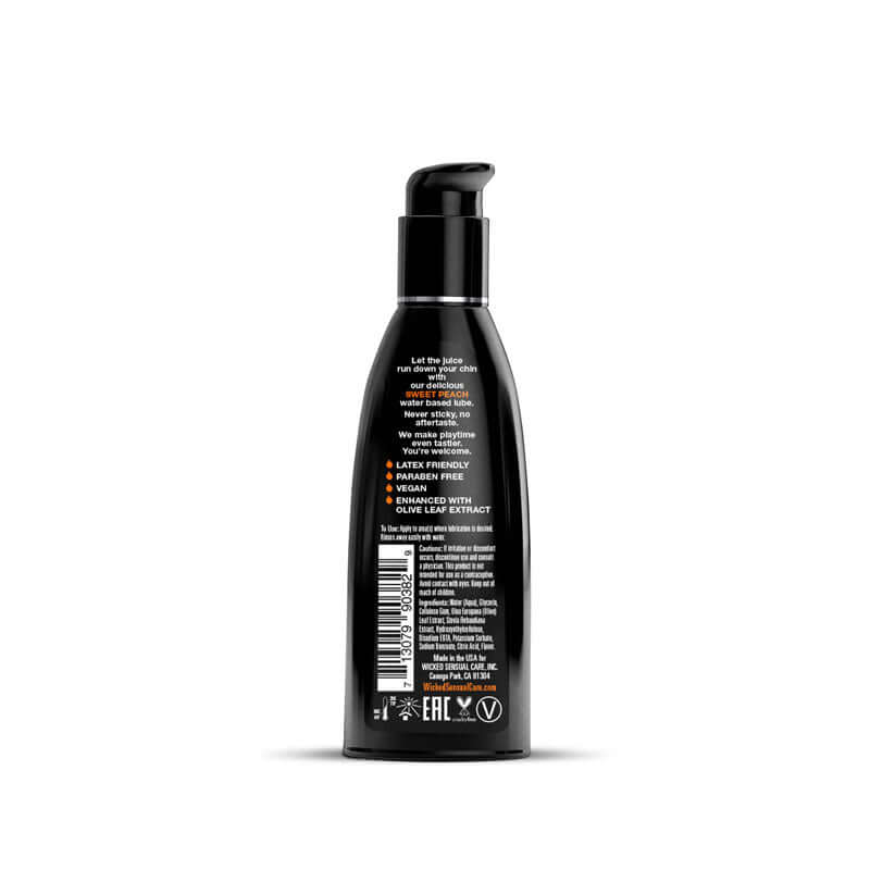 Wicked Aqua Sweet Peach Flavored Lubricant 60 ml bottle back label information highlighting ingredients.