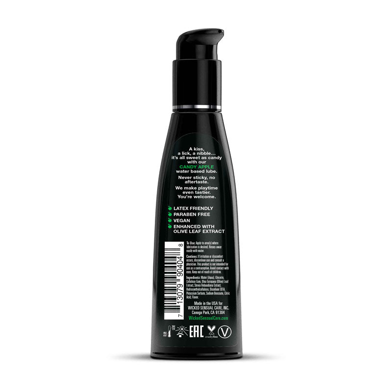 Wicked Aqua Candy Apple - Candy Apple Flavoured Water Based Lubricant - 120 ml (4 oz) Bottle back label showing ingredients and features.