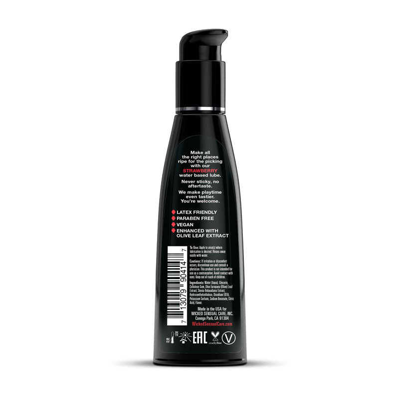 Back of Wicked Aqua Strawberry 120 ml bottle showing labels on latex-friendly and vegan attributes