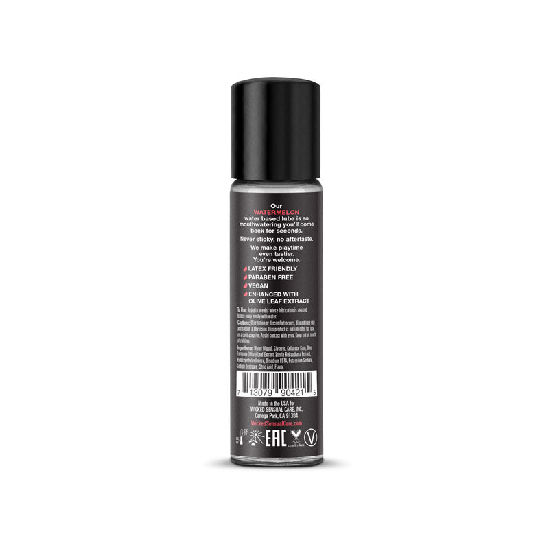 Wicked Aqua Watermelon flavored lubricant 30 ml bottle with back label detailing ingredients and product information.