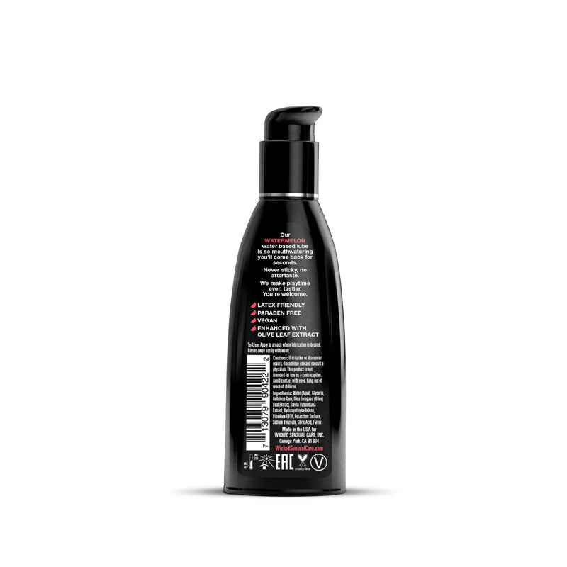 Back label of Wicked Aqua Watermelon watermelon flavored lubricant 60 ml bottle showing ingredients and usage.