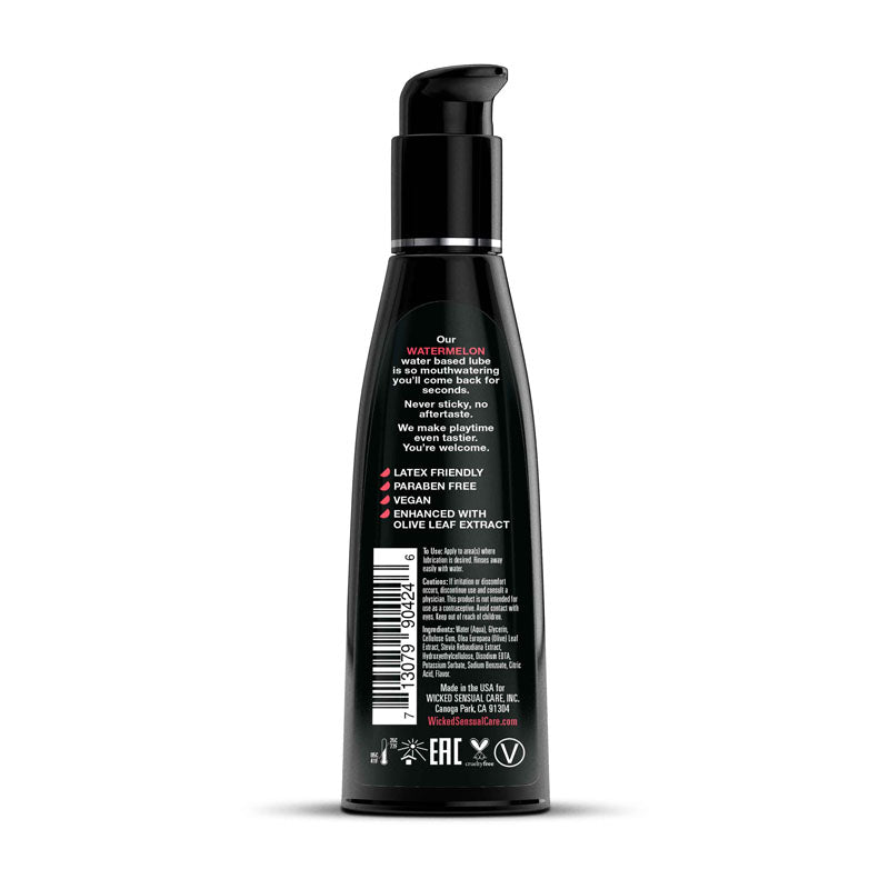 Wicked Aqua Watermelon - Watermelon Flavoured Water Based Lubricant - 120 ml (4 oz) Bottle back view with product information.