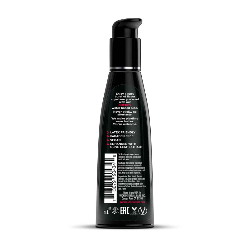 Wicked Aqua Cherry 120 ml bottle, cherry flavored water lubricant, latex friendly, water based, kissable and lickable.