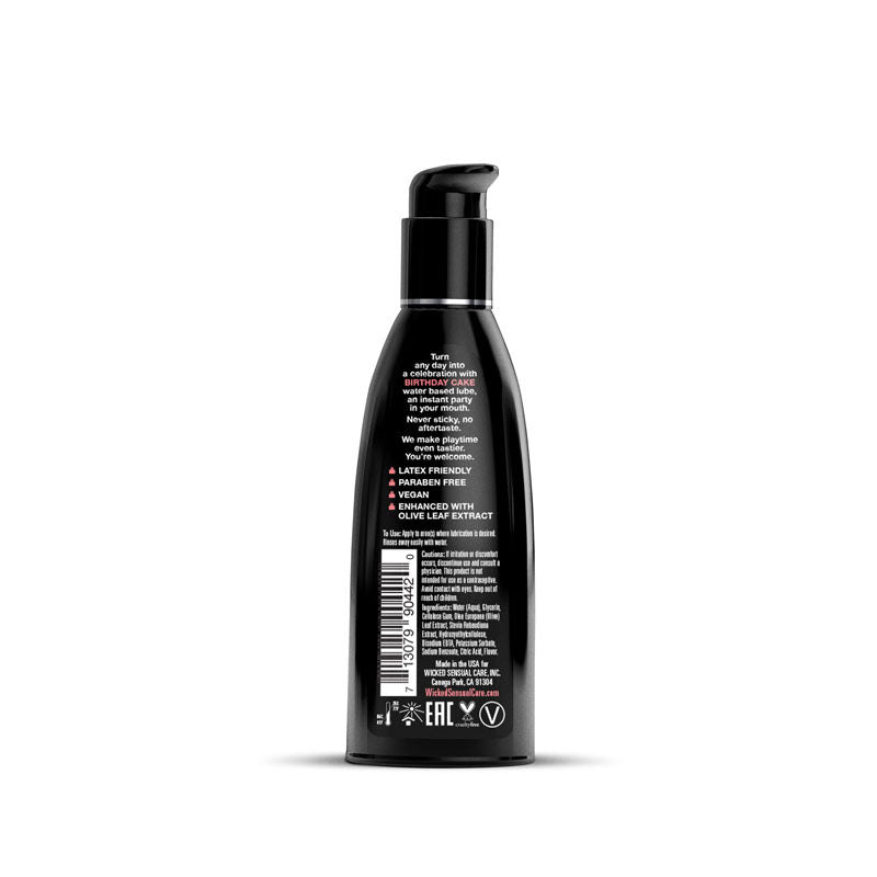 Wicked Aqua Birthday Cake - Cake Flavoured Water Based Lubricant - 60 ml (2 oz) Bottle back label showing details and ingredients.