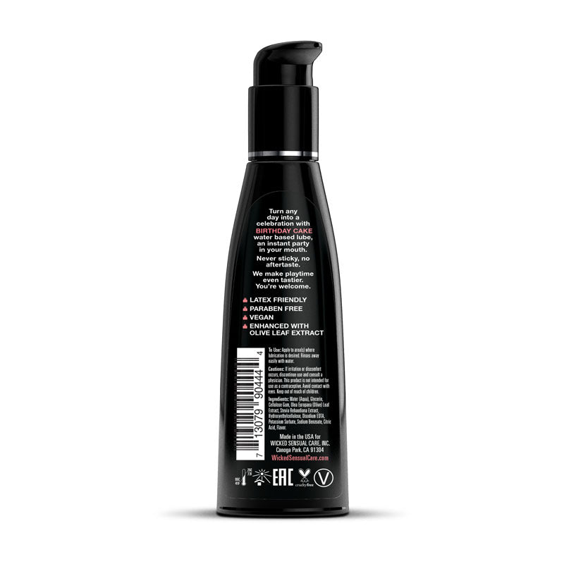 Wicked Aqua Birthday Cake - Birthday Cake Flavoured Water Based Lubricant - 120 ml (4 oz) Bottle packaging with usage instructions.