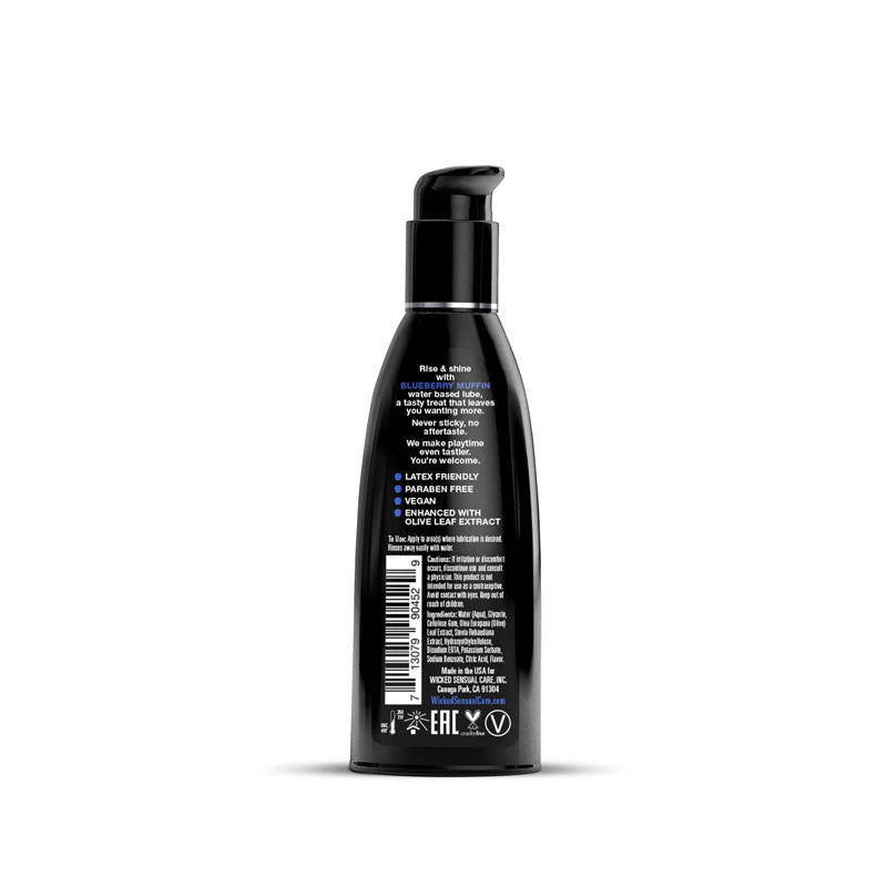 Wicked Aqua Blueberry Muffin - Blueberry Muffin Flavoured Water Based Lubricant - 60 ml (2 oz) Bottle back label details.