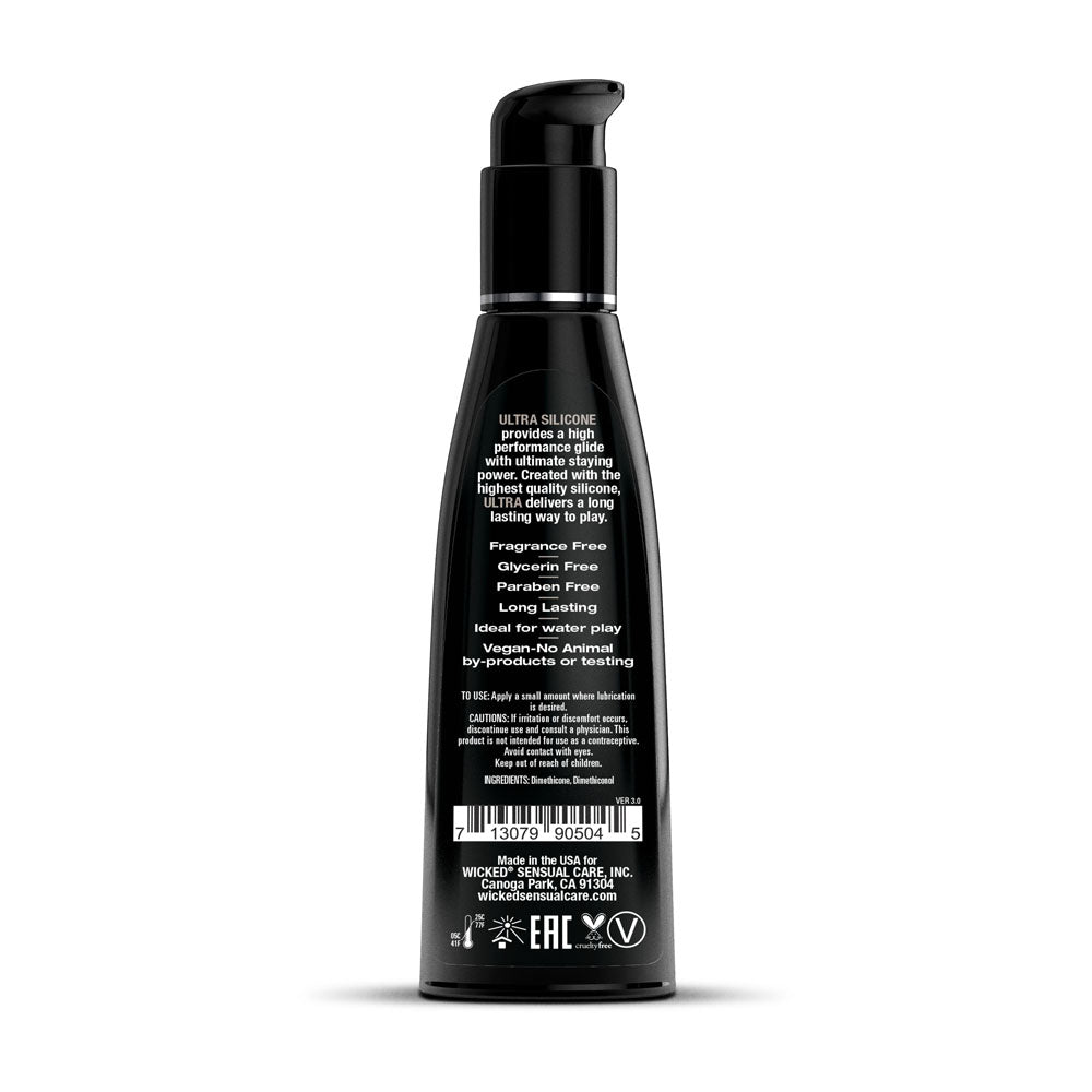 Wicked Ultra - Silicone Lubricant - 120 ml (4 oz) Bottle, back label showcasing product features and ingredients.