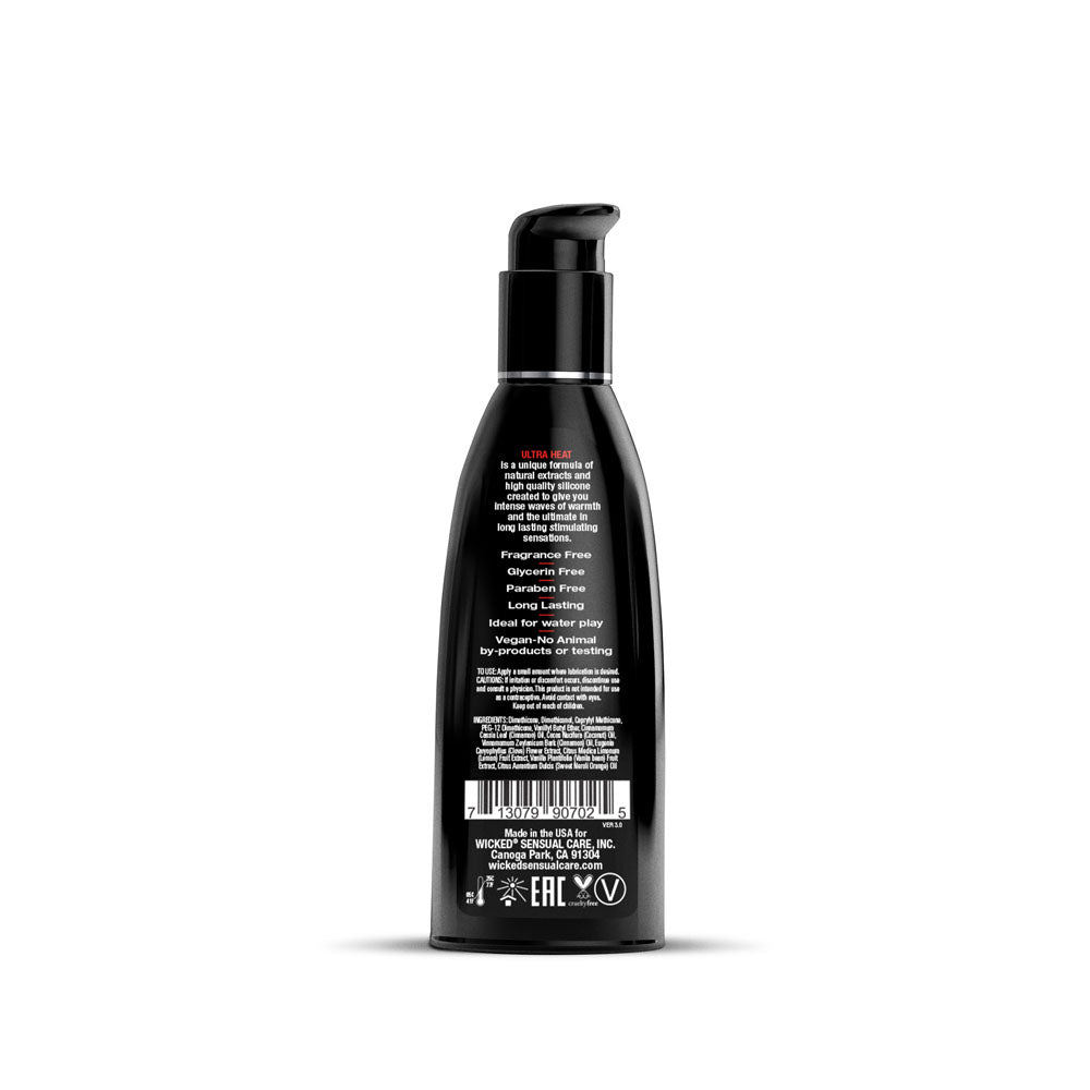Wicked Ultra Heat - Warming Silicone Lubricant - 60 ml (2 oz) Bottle back label showcasing ingredients and features.