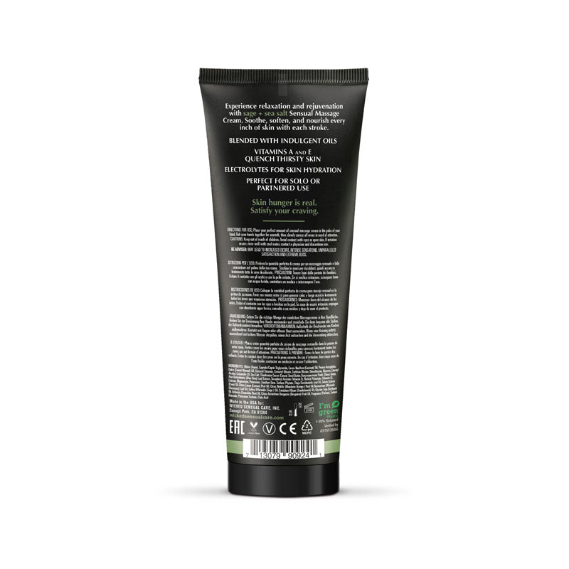 Wicked SAGE + SEA SALT Sensual Massage Cream - Scented Massage Cream - 120 ml Tube back view showing ingredients and directions.