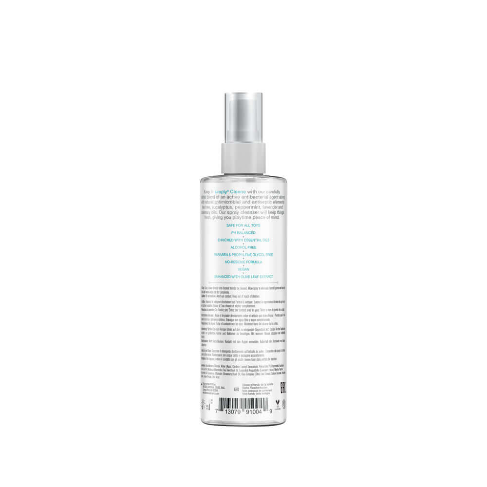 Wicked Simply Cleene antibacterial toy cleaner in a 120 ml spray bottle, back view showing ingredients and usage.