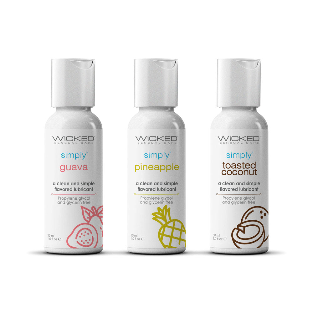 Wicked Simply Tropical Trio - flavored water based lubricants set with guava, pineapple, and toasted coconut flavors.
