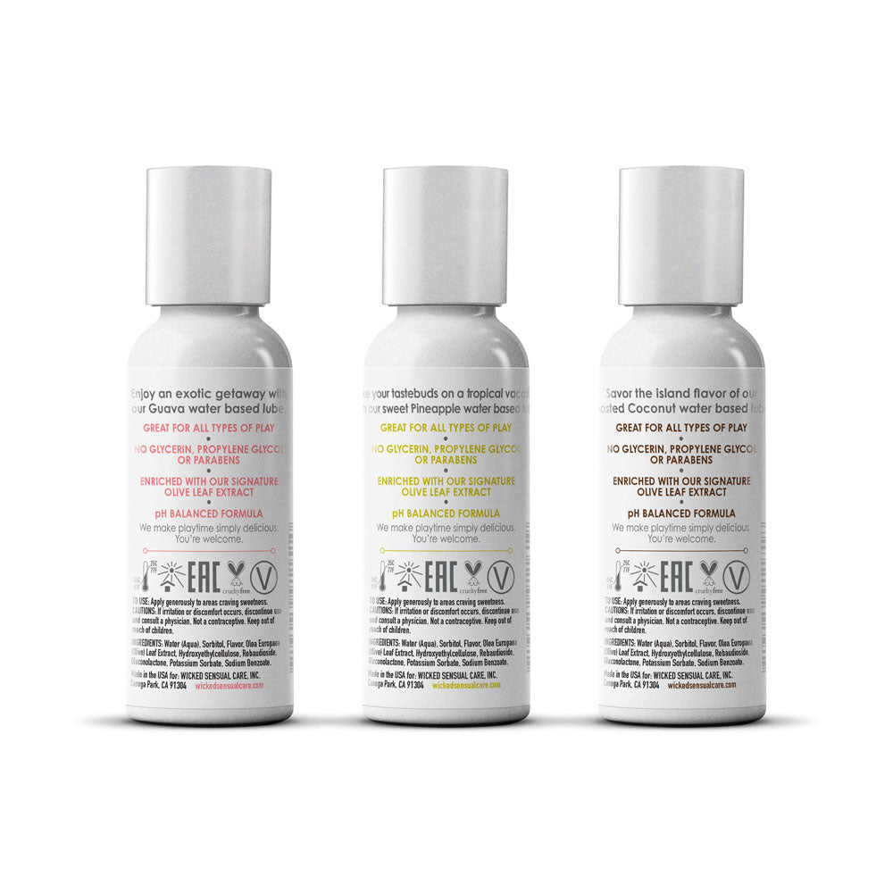 Wicked Simply Tropical Trio - Flavoured water based lubricants set of 3 x 30 ml bottles featuring Guava, Pineapple, Toasted Coconut.