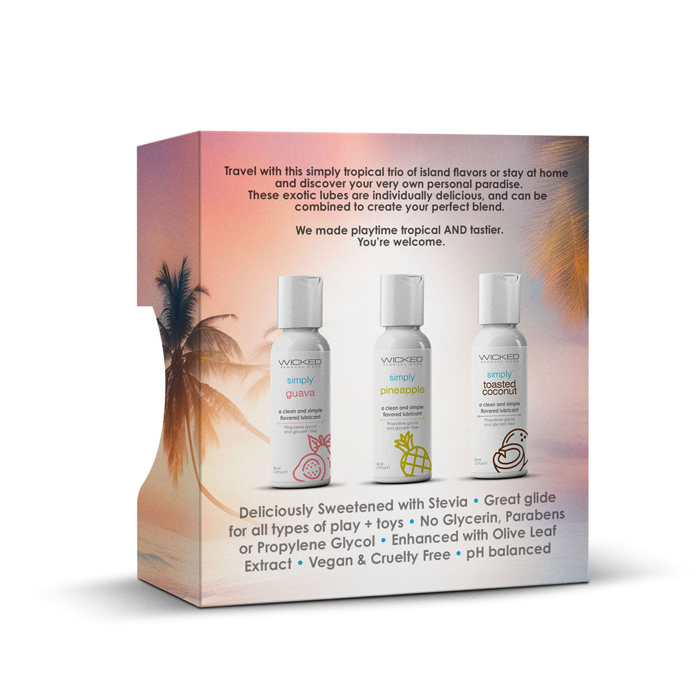 Wicked Simply Tropical Trio - Flavoured Water Based Lubricants Set of 3 x 30 ml bottles in guava, pineapple, and toasted coconut.