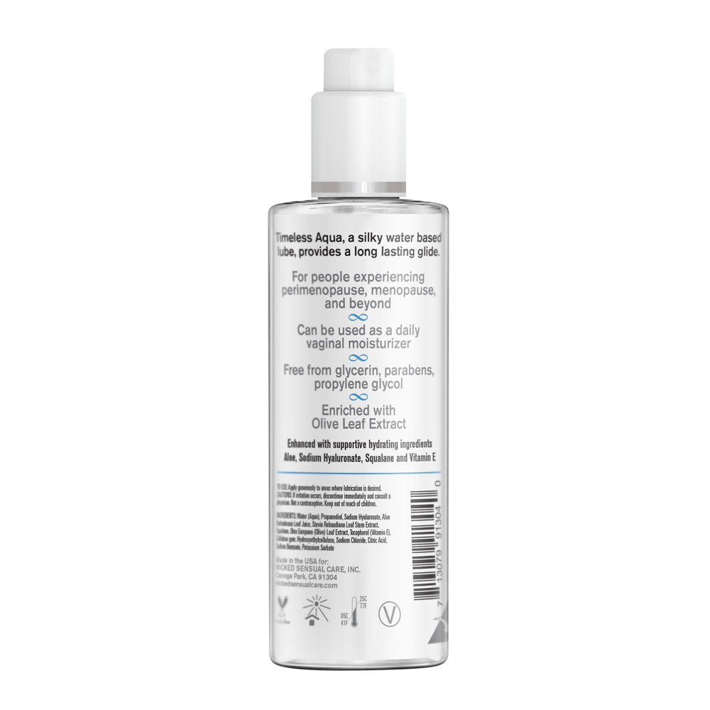 Wicked Simply Timeless Aqua - Water Based Lubricant - 120 ml (4 oz) Bottle back label showing ingredients and benefits.