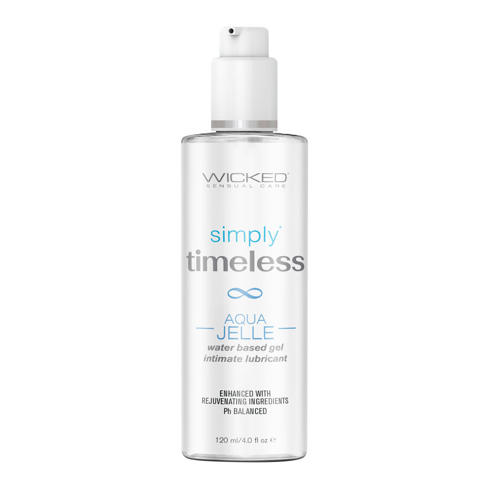 Wicked Simply Timeless Aqua Jelle - Water Based Anal Lubricant - 120 ml (4 oz) Bottle on display, ideal for intimate essentials.