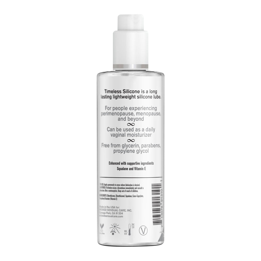 Wicked Simply Timeless Silicone - Silicone Based Lubricant - 120 ml (4 oz) Bottle with ingredients information.