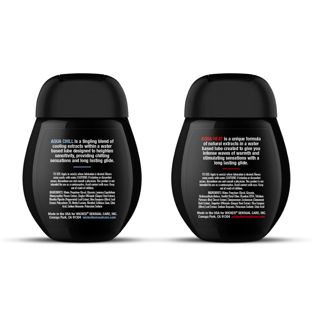 Wicked Sensation Kit - Warming & Cooling Water Based Lubricants - 2 Pack of 45 ml Bottles - Aqua Chill and Aqua Heat packaging