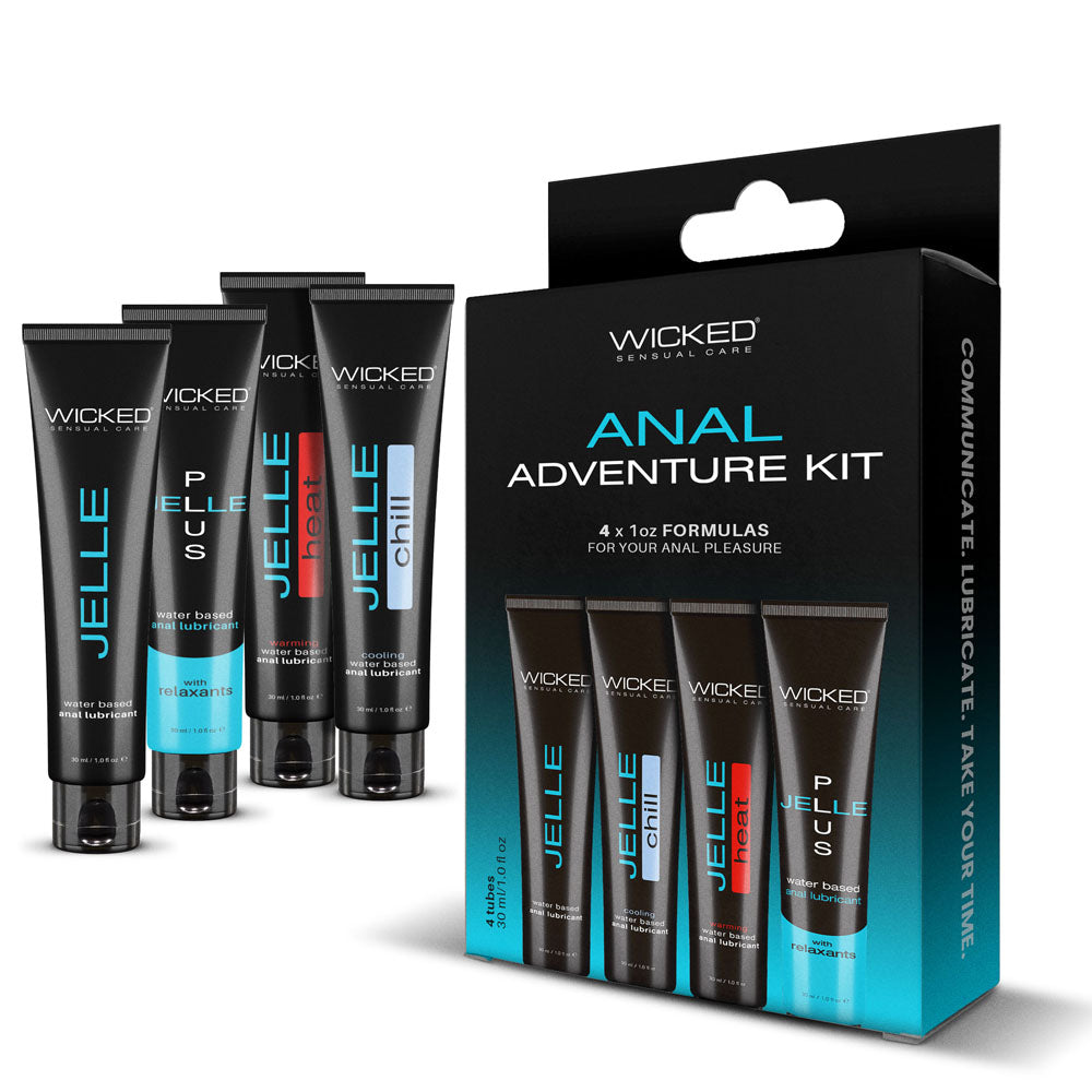 Wicked ANAL ADVENTURE KIT - Mixed Jelle Anal Lubricants 30 ml Bottles - 4 Pack displayed with four lubricant tubes.