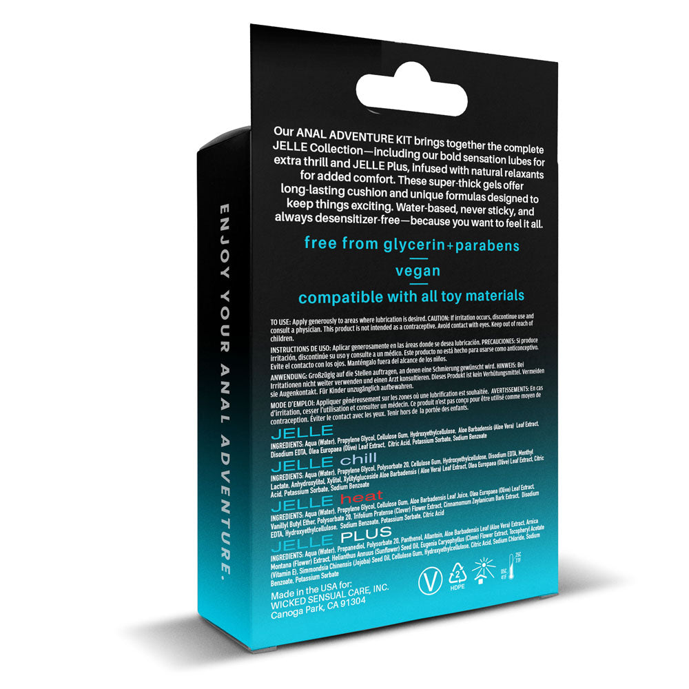 Wicked ANAL ADVENTURE KIT - Mixed Jelle Anal Lubricants 30 ml Bottles - 4 Pack with details on ingredients and compatibility.