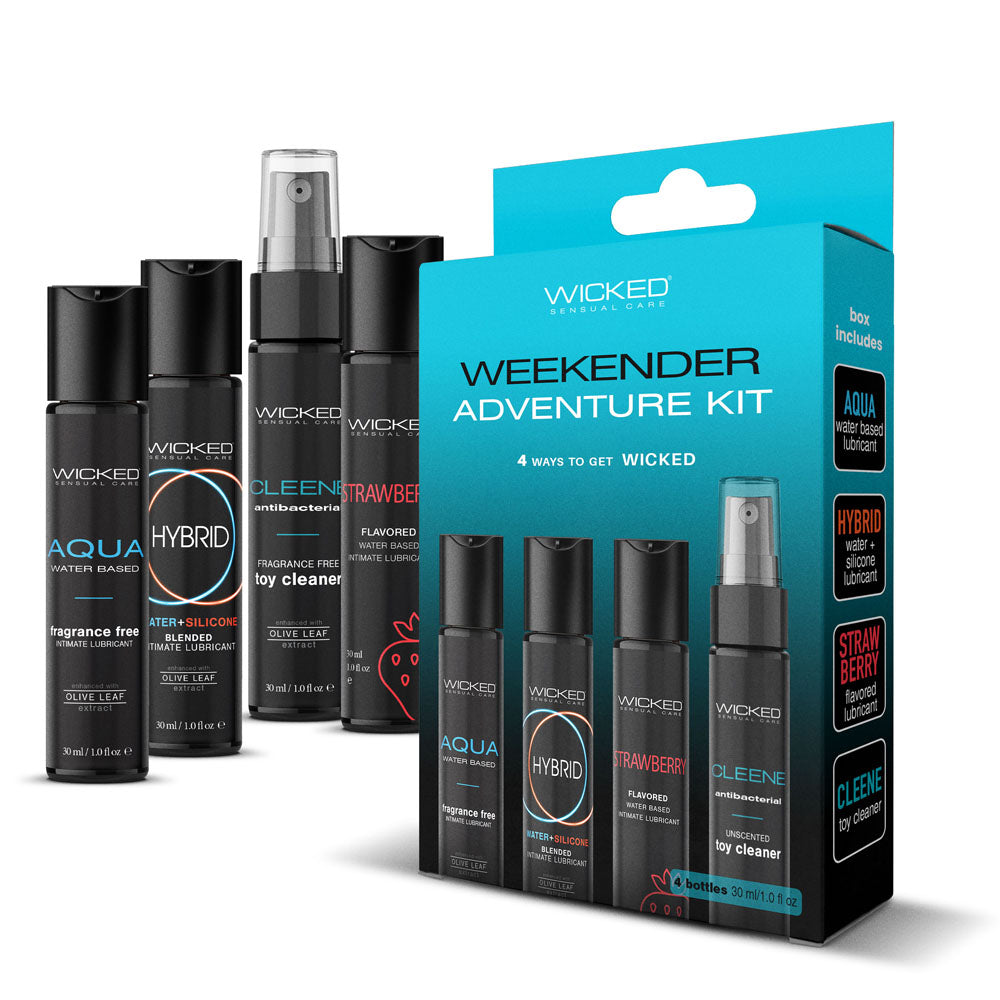 Wicked WEEKENDER ADVENTURE KIT - Mixed Lubricants & Cleaner 30 ml Bottles - 4 Pack displayed with products including Aqua and Strawberry lube.
