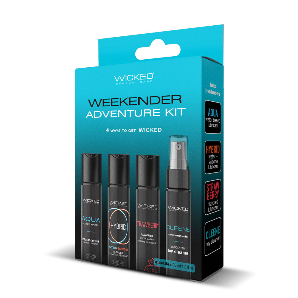 Wicked WEEKENDER ADVENTURE KIT - Mixed Lubricants & Cleaner 30 ml Bottles - 4 Pack with Aqua, Hybrid, Strawberry lube and Cleene.