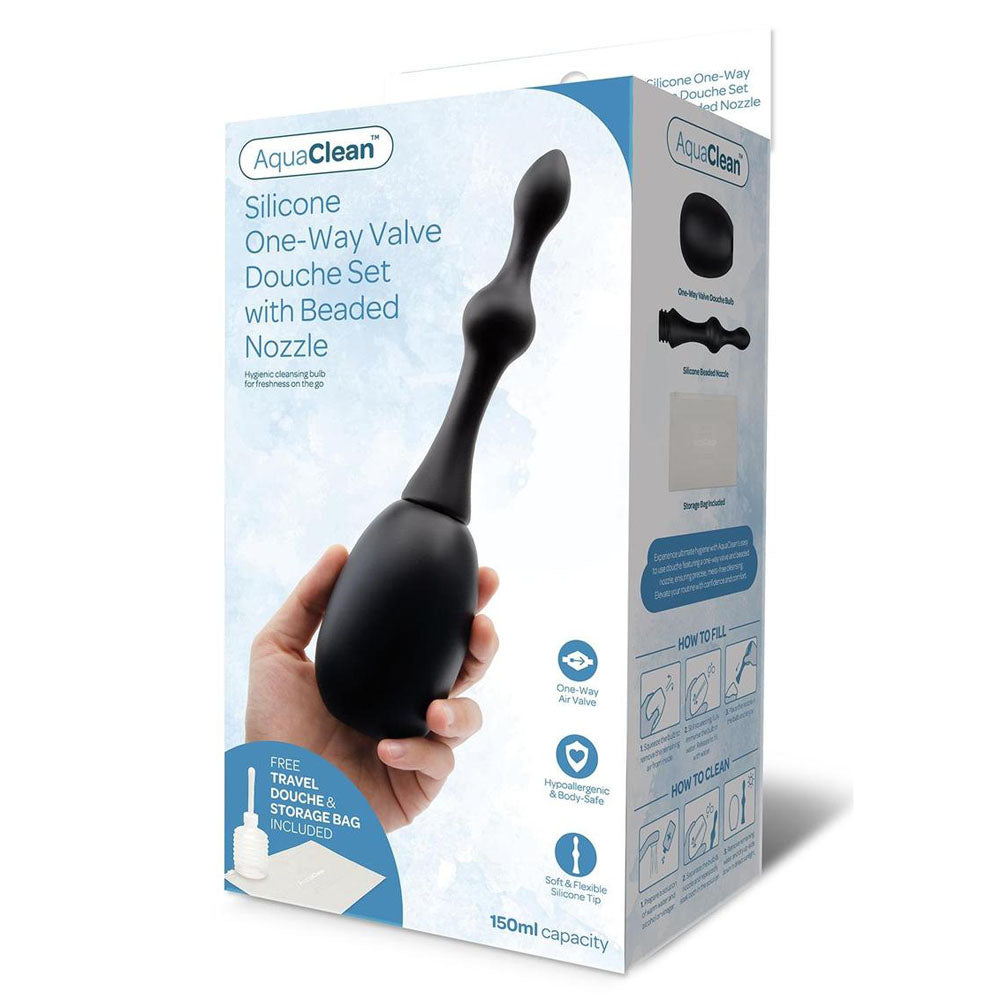 AquaClean Silicone 1-Way Valve Douche Set with Beaded Nozzle - 150 ml Capacity with Free Travel Douche Included.