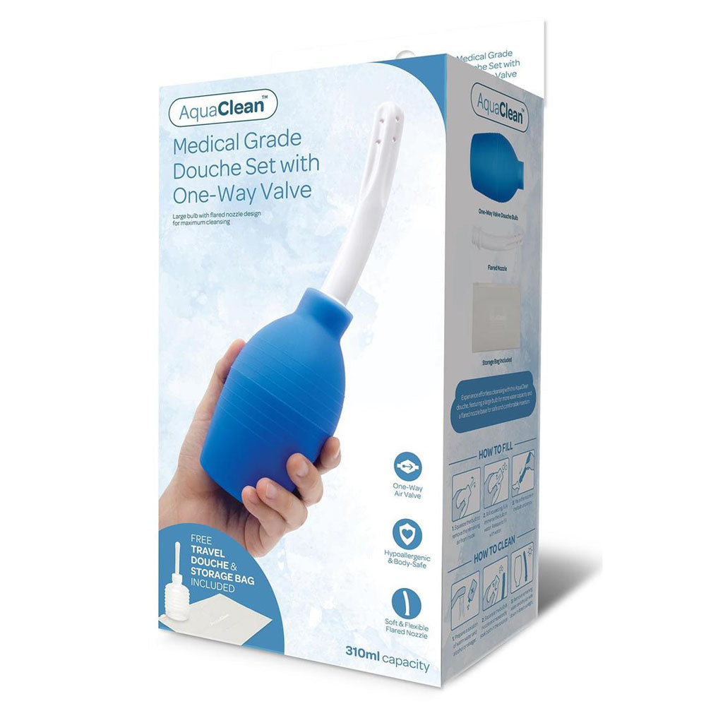 AquaClean Medical Grade Douche Set with 1-Way Valve - 310 ml Capacity with Free Travel Douche Included packaging and design.