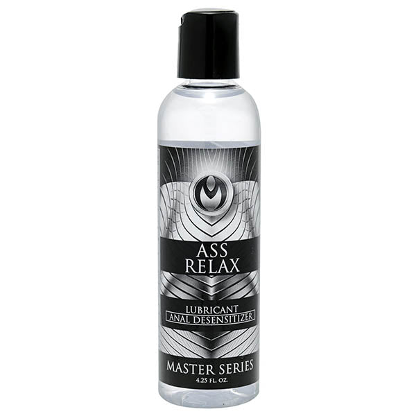 Master Series Ass Relax - Anal Desensitising Lubricant - 125 ml Bottle in a clear bottle with a black label.