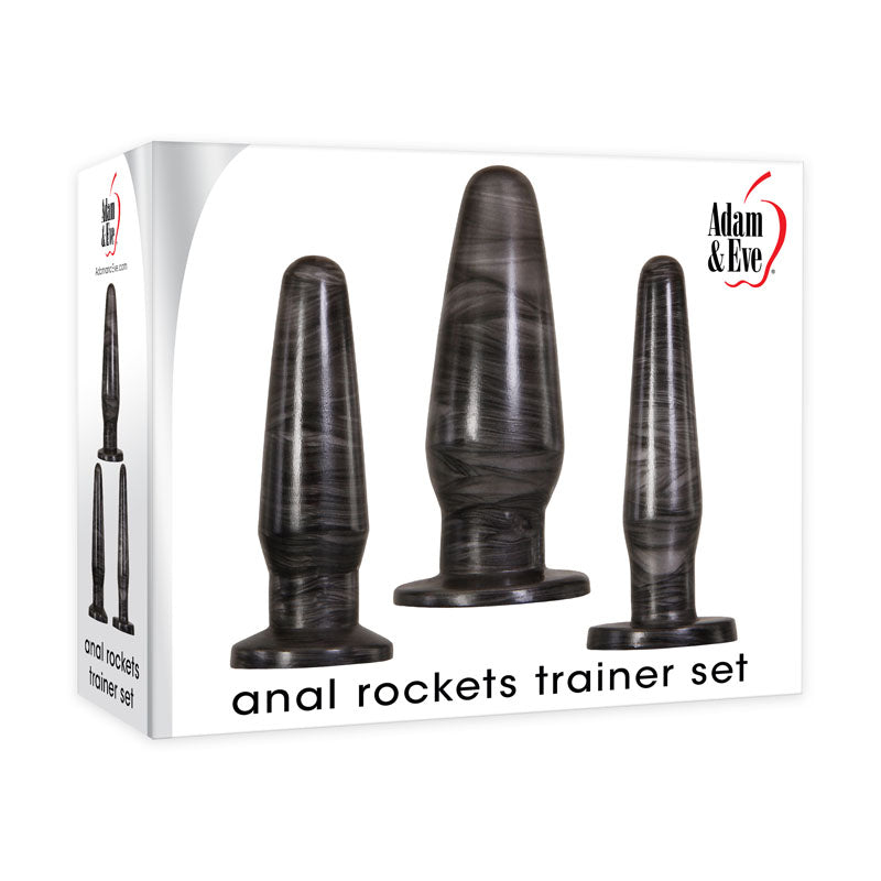 Adam & Eve ANAL ROCKETS TRAINER SET - Butt Plugs - Set of 3 Sizes displayed in box with galaxy-finished designs.