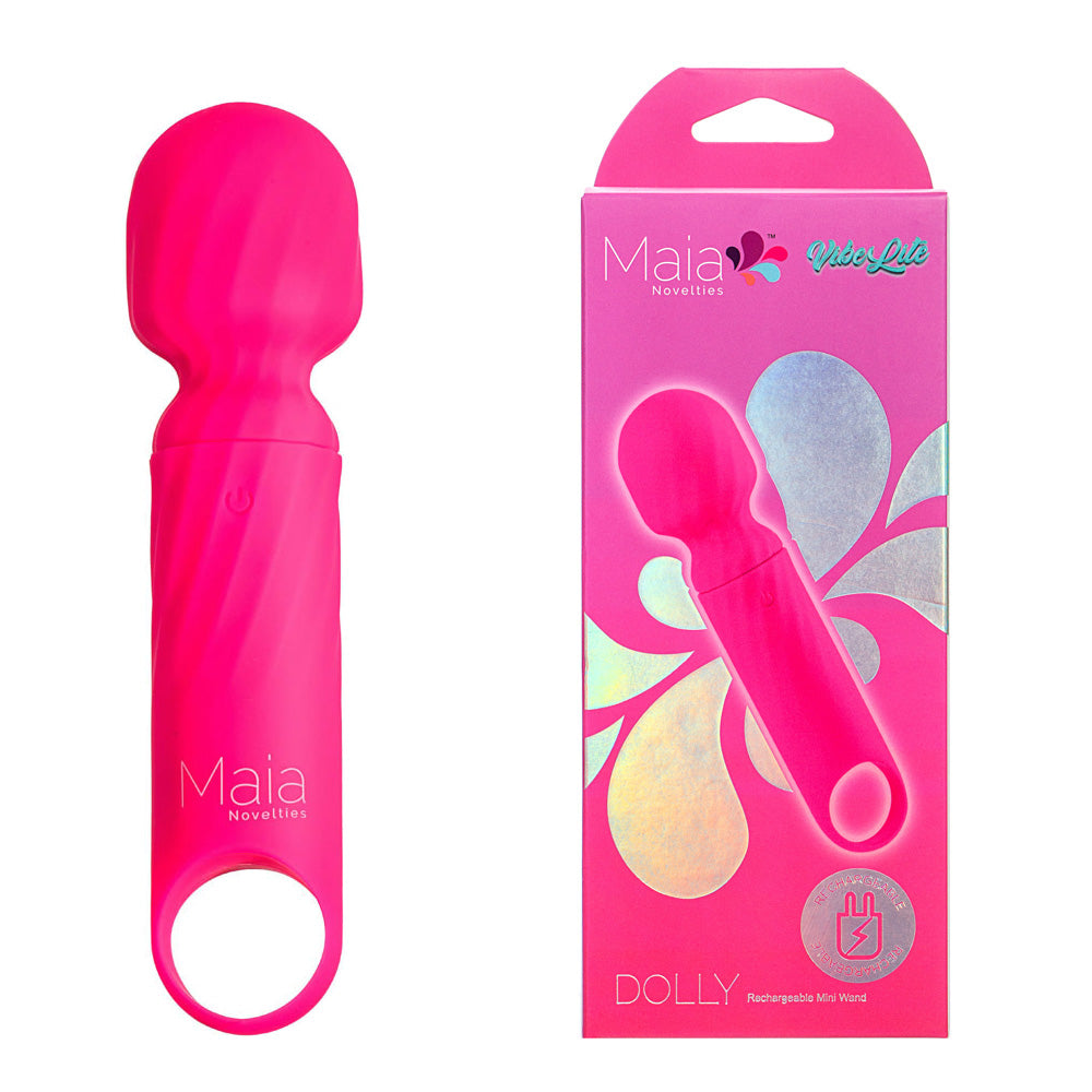 Maia DOLLY -  - 12.7 cm USB Rechargeable Massage Wand in pink, displayed with packaging for intimate essentials.