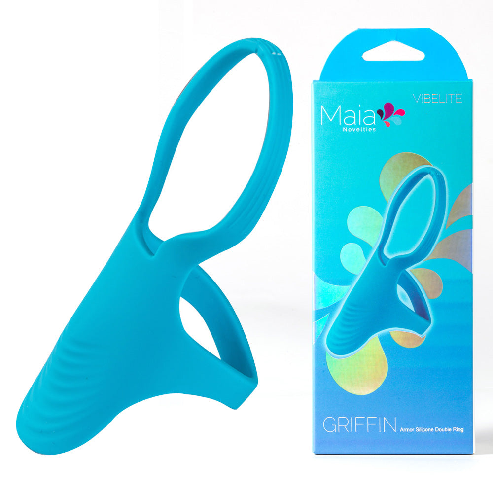 Maia GRIFFIN -  Silicone Cock Ring displayed with packaging showcasing its blue color and double ring design.