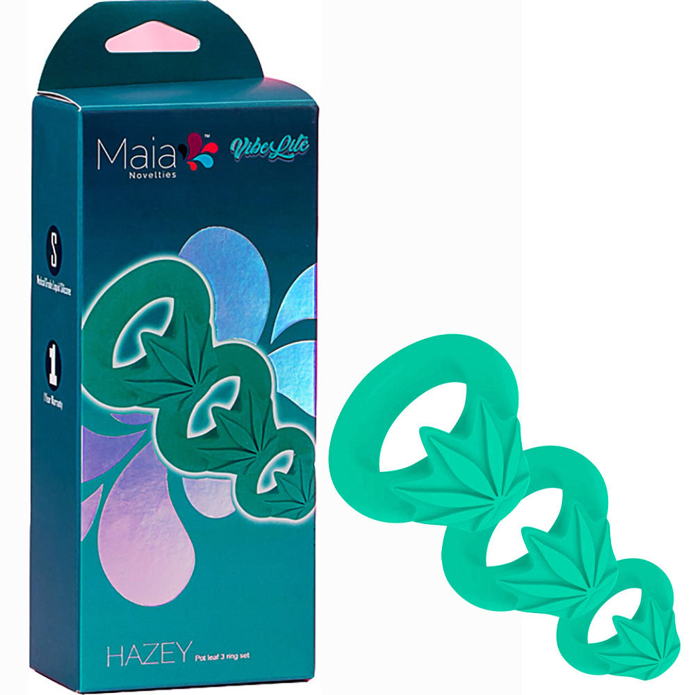 Maia HAZEY - Pot Leaf Cock Rings - Set of 3 in packaging showcasing three multi-size rings with a hemp leaf design