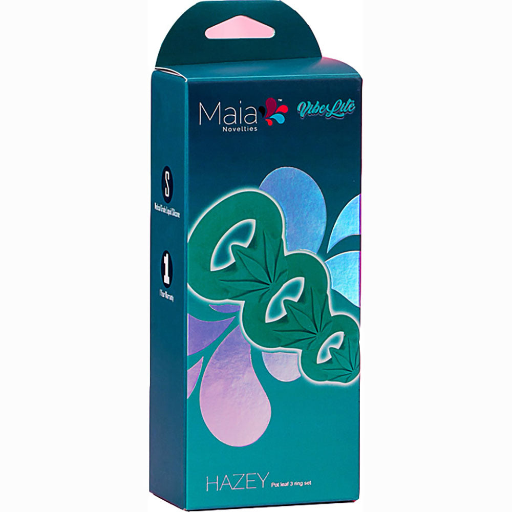 Maia HAZEY -  Pot Leaf Cock Rings - Set of 3 packaging showcasing colorful design and hemp leaf detail.