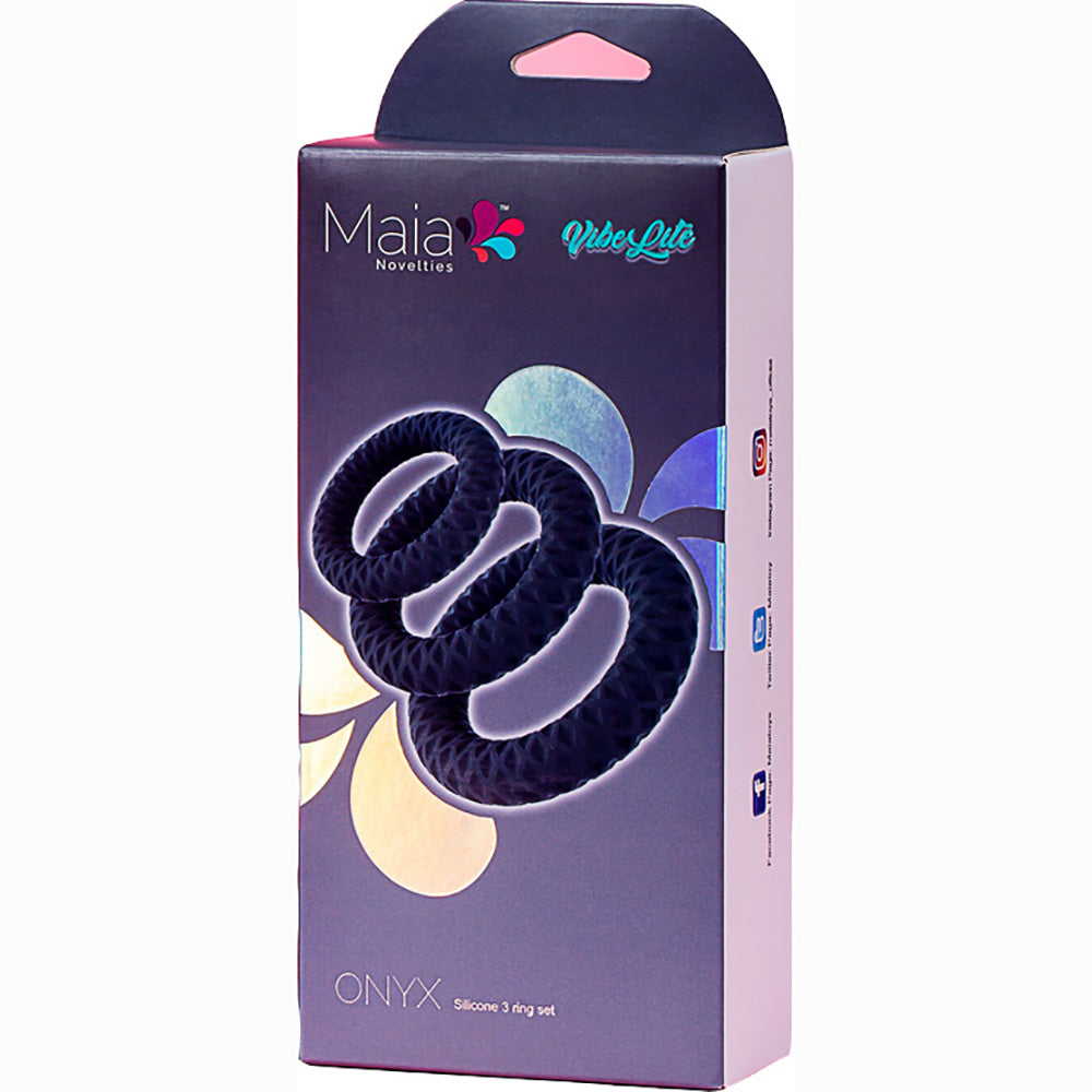 Maia ONYX - Grey Cock Ring Set - Set of 3 Sizes packaging showcasing 3 multi-size penis rings for intimate essentials.