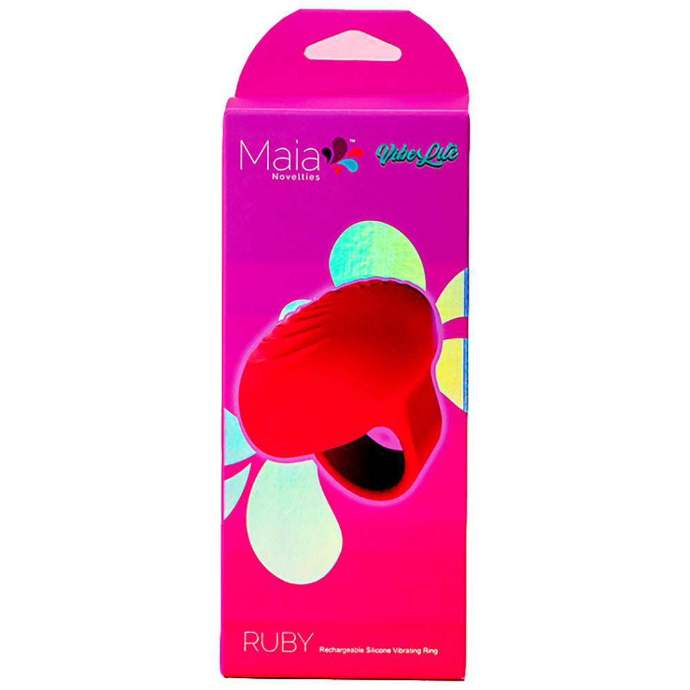 Maia RUBY -  USB Rechargeable Finger Stimulator packaging showcasing a bright red vibrating ring for intimate essentials.