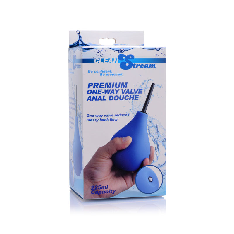 CleanStream Premium One-Way Valve Anal Douche - Unisex Douche packaging with blue bulb and nozzle.
