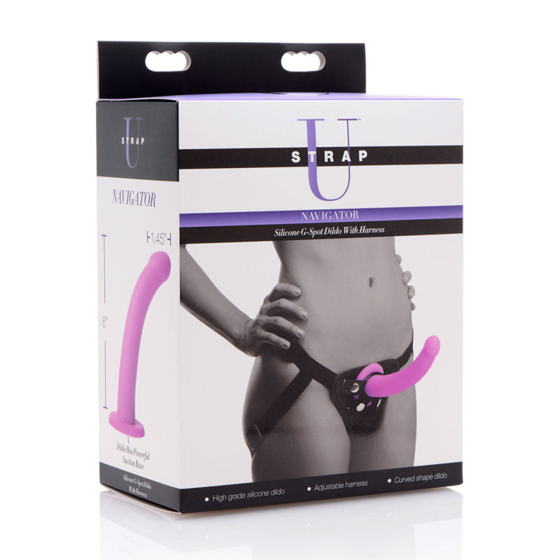 Strap-U Navigator - 16.5 cm Silicone G-Spot Strap-On packaging showcasing adjustable harness and silicone dildo.