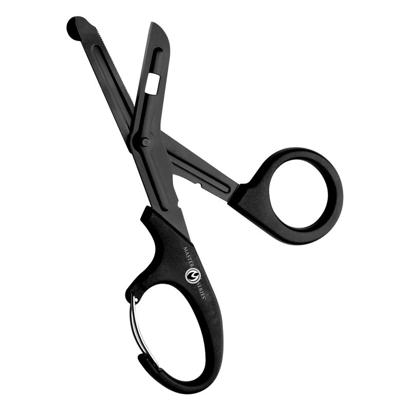 Master Series Snip -  Heavy Duty Bondage Scissors for cutting rope, featuring durable blades and carabiner handle.